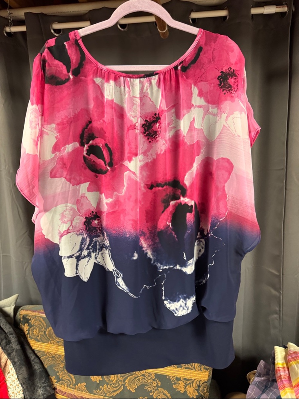 JM Collection Navy and Hot Pink Floral Layered Tunic - Picture 4 of 5